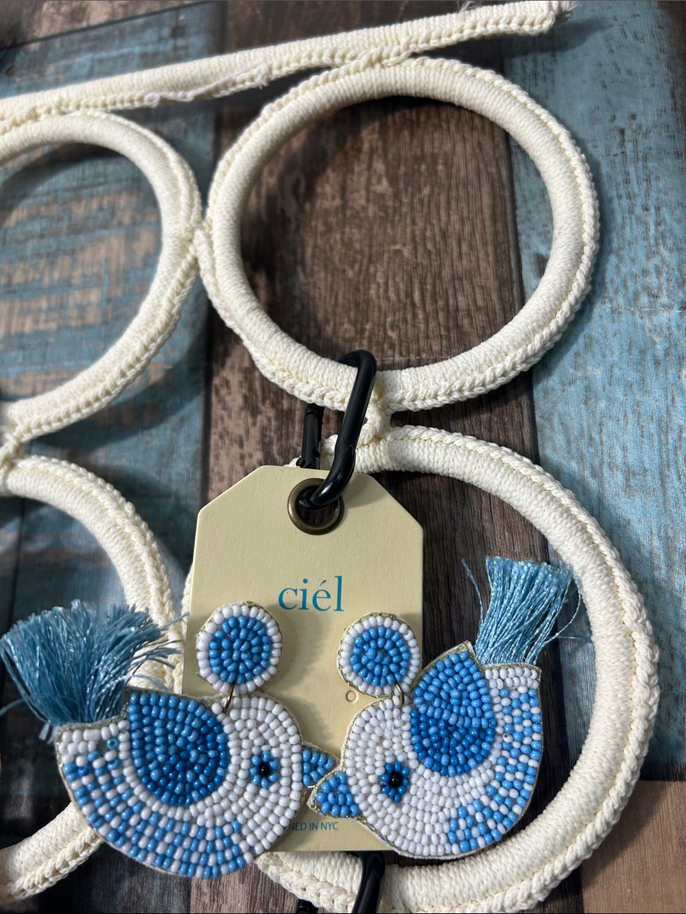 Blue and White Beaded Bird Earrings